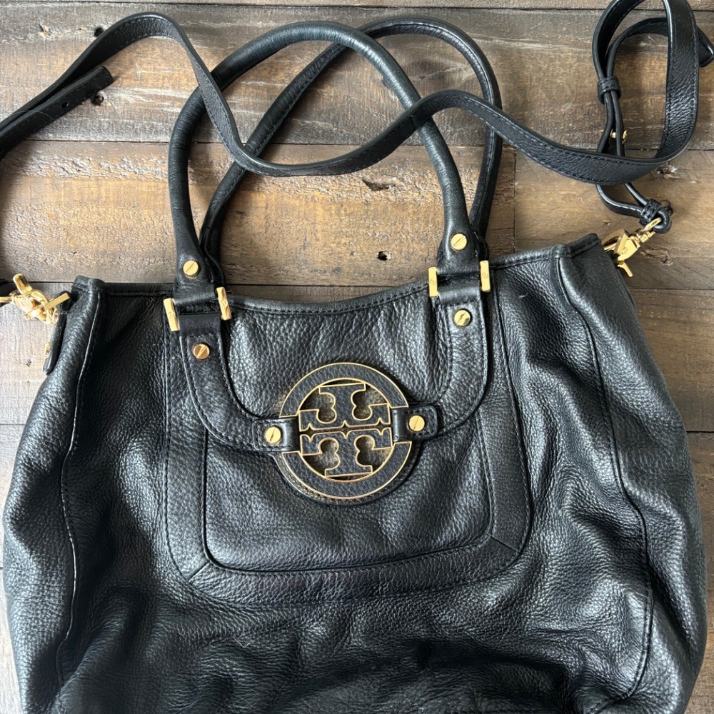 Tory Burch Black Leather Logo Tote Bag